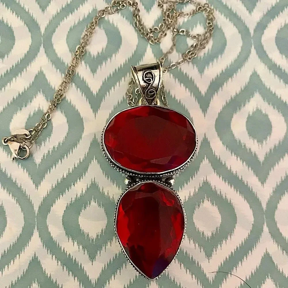 Antique Ruby Pendant Necklace, Sterling Silver, Double Gemstone, Statement